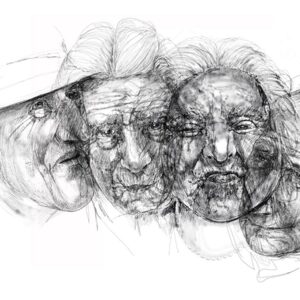 FOUR HEADS PORTRAIT, pencil and ink on paper, 61 x 75 cm, 2019.