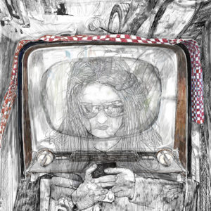 ONE DREAM ON THREE FLOORS, pencil, stylo and acrylic on canvas, 120 x 50 cm, 2025.